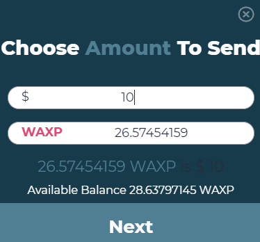 WAXP choose amount to send
